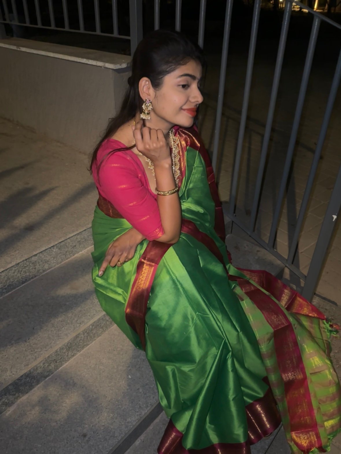 Green pink semi soft silk