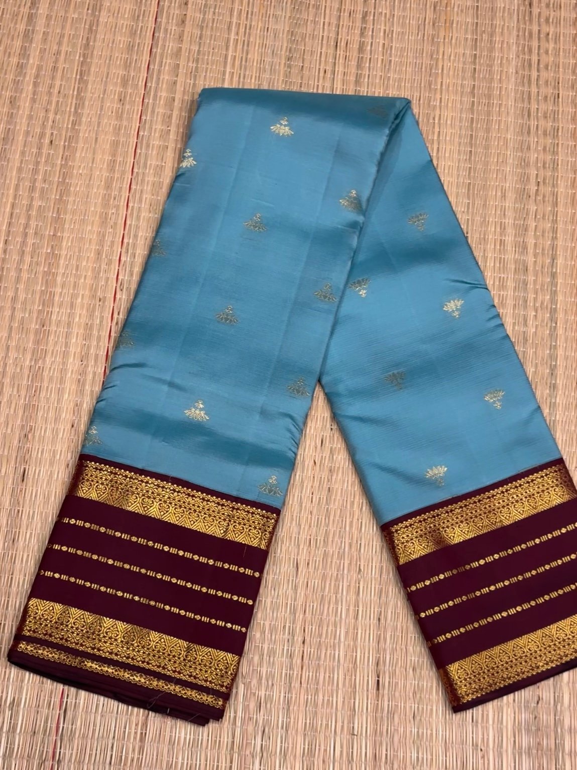 2G Handwoven Pure Kanchipuram Silk Saree – Powder Blue & Brown