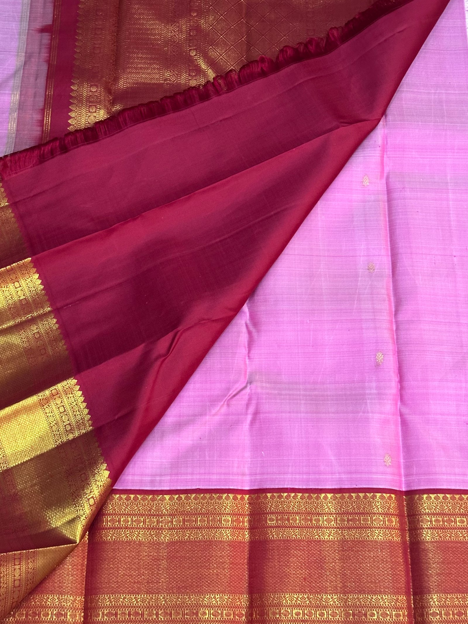 2G Handwoven Pure Kanchipuram Silk Saree – Rose Pink & Maroon