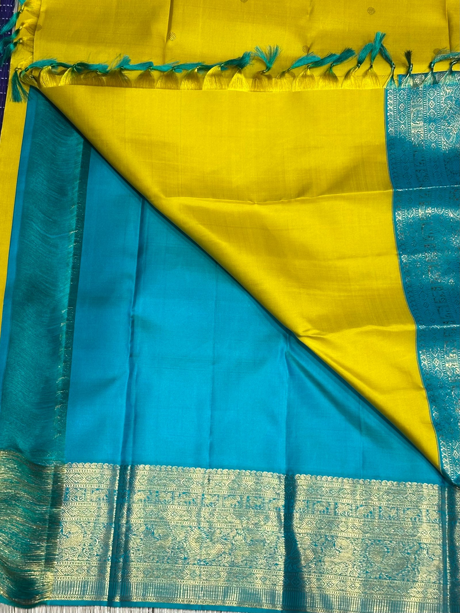 2G Handwoven Kanchipuram Silk Saree – Yellow & Blue