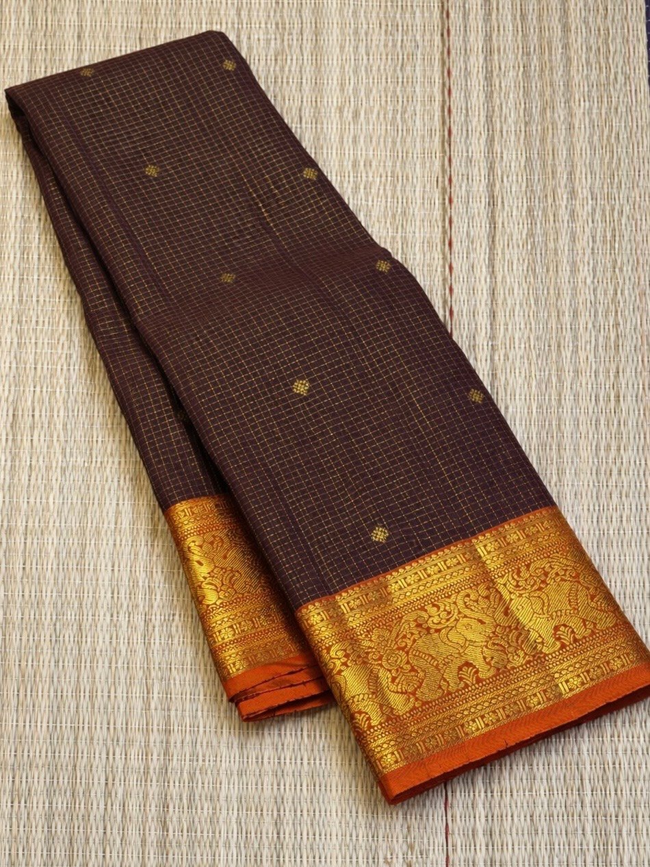 1G Vintage Brown & Orange Handloom Kanchipuram Silk Saree