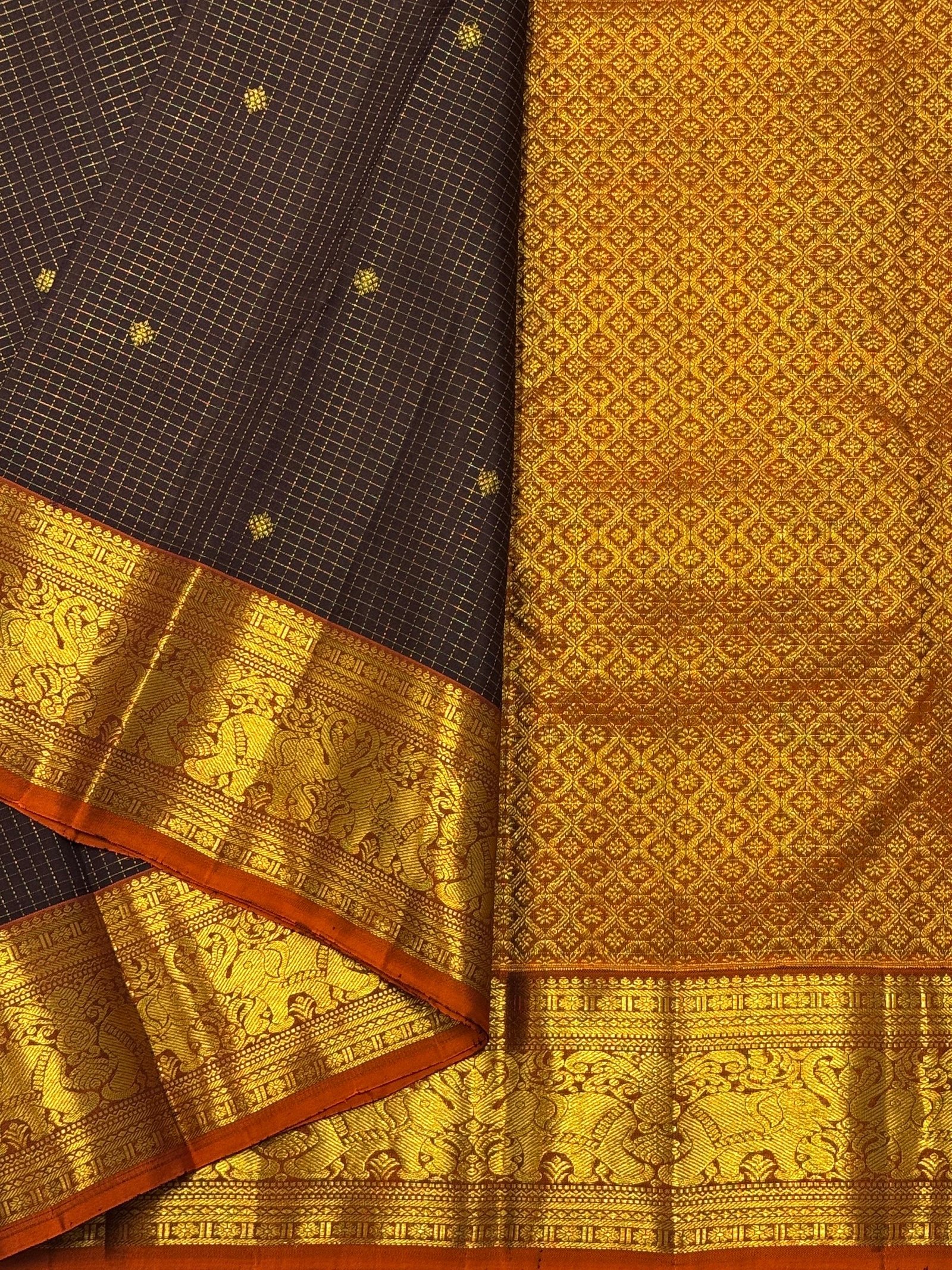 1G Vintage Brown & Orange Handloom Kanchipuram Silk Saree