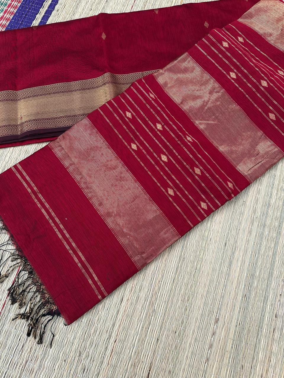 Red maheshwari silk by cotton saree