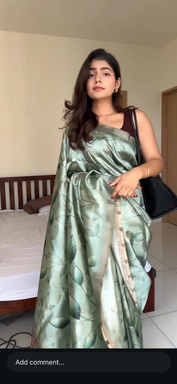 Priya: Sage Green Satin Silk Saree with Botanical Print & Silver Zari Border
